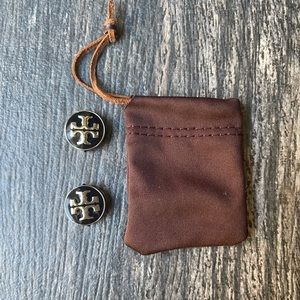 Tory Burch Black and Gold Logo Stud Earrings